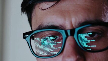 Aufkleber - Close up portrait of a focused programmer with glasses reflecting scrolling lines of code, showcasing the integration of technology and human interaction in software development