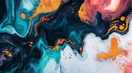 Poster - abstract fluid art featuring swirling teal dark blue gold white and pink color mixing beautifully