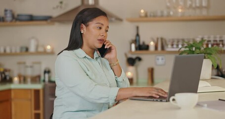 Aufkleber - Phone call, woman and work from home on laptop for networking, planning and virtual communication. Freelancer or writer in kitchen in computer and mobile for chat, contact and copywriting advice