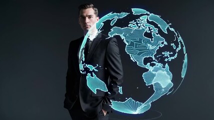Poster - Confident businessman standing near rotating holographic earth representation, embodying global business innovation and technological connectivity in corporate environment