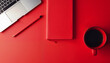 © Irina - Red workspace with laptop, notebook, pen, and coffee cup on red background