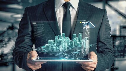 Aufkleber - Businessman wearing a suit and tie holding a tablet displaying a futuristic hologram of a smart city, showcasing innovation in urban development and planning