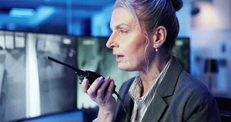 Aufkleber - Night, woman or radio in control room for protection, security service or communication for report. Late, mature guard or tech in office for surveillance, contact and building safety update with CCTV