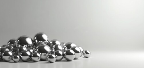 Poster - Illustration features group of shiny metal spheres against gray background. 3D rendering depicts chrome balls, light reflection on surface. Modern design elements suitable for business tech projects.