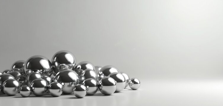 Illustration features group of shiny metal spheres against gray background. 3D rendering depicts chrome balls, light reflection on surface. Modern design elements suitable for business tech projects.