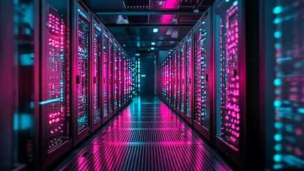 Data center server room corridor, glowing lights, digital infrastructure