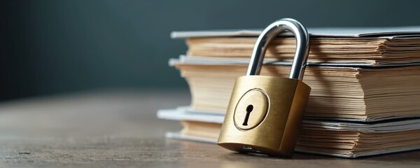 Poster - Locked padlock rests on stacked documents. Symbolizes security privacy, confidentiality. Concept of law, restriction, policy, data protection, digital safety, assurance, compliance in business tech.