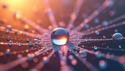 Illustration of spider web with water drops. Macro shot with detail shows web texture. Morning condensation on silk. Droplets, dewy texture create sense of freshness, purity. Intricate network.