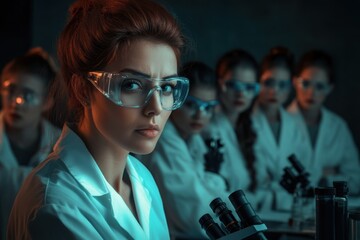Poster - Group of female scientists conducting research in a laboratory during evening hours