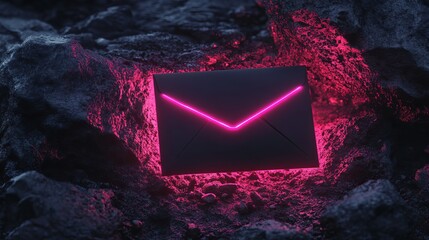 Poster - glowing envelope with pink neon outline on a rough dark rock surface in a dramatic lighting scene