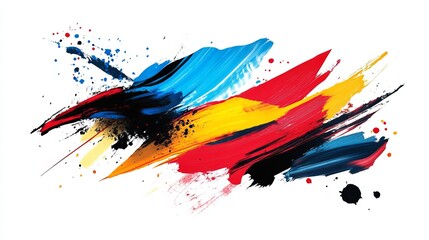 Poster - Abstract painting featuring brush strokes of blue red yellow and black on a white background art style
