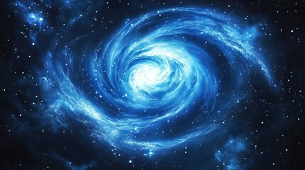 Poster - A swirling blue galaxy with bright center and surrounding stars in a dark cosmic background view of space