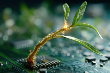 Poster - a vibrant green plant sprouts from a detailed computer circuit board, symbolizing technological grow