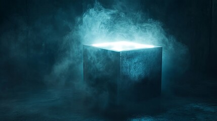 Poster - A glowing cube surrounded by smoke in a dark room with an ethereal and mysterious atmosphere created by light