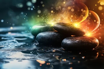 Poster - Smooth stones arranged artistically on a wet surface with glowing light effects