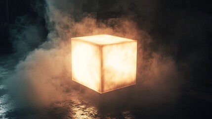 Poster - glowing cube surrounded by smoke on a dark surface creates a mysterious atmosphere and visual effect