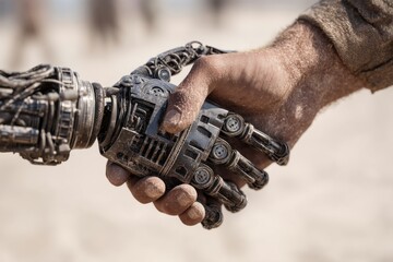 Poster - A human hand shakes the mechanical hand of a robot, showcasing futuristic technology and collaboration in a conceptual, sandy environment, a new era.