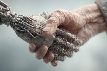 Poster - Handshake between a human and a robot, illustrating future collaboration, merging of humanity with artificial intelligence, symbolizing unity and technological progress.