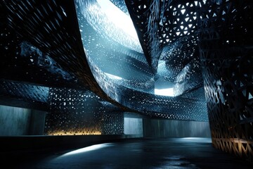 Aufkleber - An immersive architectural space with intricate geometric designs, dramatic lighting emphasizing the complex structure, casting shadows that enhance depth and texture, and innovative design.