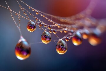Poster - Macro shot of water droplets clinging to a spiderweb, showcasing iridescent reflections and intricate details, against a blurred, colorful background.