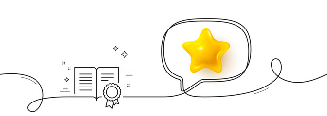 Poster - diploma with medal line icon. continuous line with 3d star. certificate document symbol. approved ba