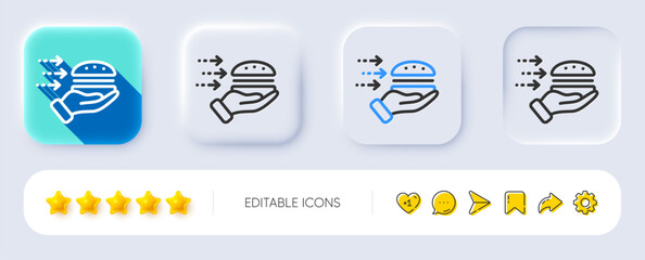 Poster - Food delivery line icon. Neumorphic, Flat shadow, 3d buttons. Burger meal sign. Catering service symbol. Line food delivery icon. Social media icons. Vector