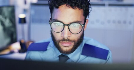 Poster - Night, security guard or man with computer or cctv camera in office or late shift for safety or video surveillance. Property footage, digital monitor and person with PC in control room for protection