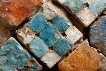 Poster - Detailed close-up of a mosaic tile pattern featuring blue, white and orange colors, showing texture and weathered appearance. A vintage and rustic surface.