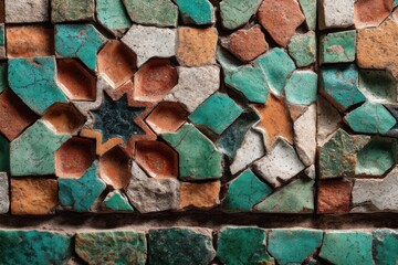 Poster - a captivating close-up of an intricate mosaic wall, adorned with vibrant colors and geometric patter