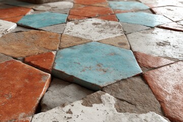 Poster - close-up of aged hexagonal terracotta tiles in blue, orange, and white colors, arranged in a geometr