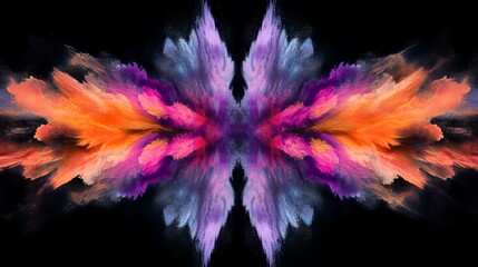 Poster - Symmetrical explosion of vibrant colors on a black background creating a dynamic abstract design