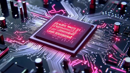 Poster - Close-up of a Central Processing Unit (CPU) with illuminated circuits.  High-tech digital technology concept.