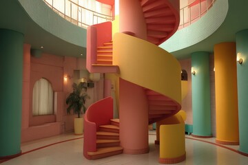 Poster - Vibrant architectural space featuring a spiral staircase with candy colored walls, columns, tiles and a modern staircase with retro pastel colors.