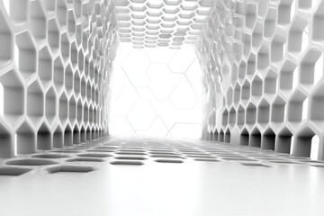 Poster - A futuristic, architectural, and abstract interior design with an organic honeycomb ceiling, with a light source and clean white rendering for a modern feel.