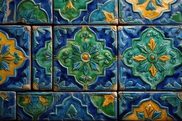 Poster - a close-up of vintage ceramic tiles showcasing a detailed floral design in vibrant shades of blue, g