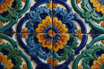 Poster - a close-up detail of ornate ceramic tiles featuring a floral design with blue, yellow, and green col