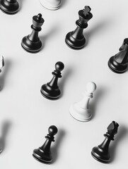 Aufkleber - Top-down view of intricate black and white chess pieces arranged on a clean white board
