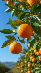 Aufkleber - Oranges growing on trees in an orchard under a blue sky.