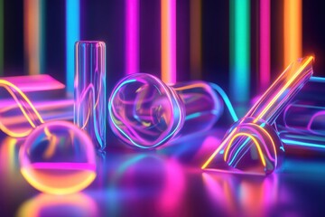 Poster - Colorful glass shapes illuminated by neon lights in a dark setting