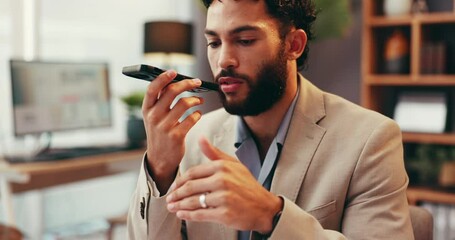 Poster - Businessman, talking and communication with phone speaker for voice note or discussion at office. Man, employee or financial advisor with mobile smartphone for conversation, app or audio message