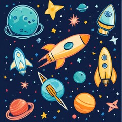 Poster - Explore the galaxy with vibrant space-themed stickers featuring rockets, planets, UFOs, and constellations against a deep blue cosmic backdrop