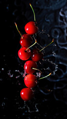 Aufkleber - Cherries in water droplets on black background.