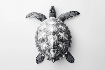 Poster - Top-down view of a turtle showcasing intricate patterns on its shell against a minimalist white background