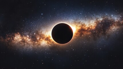 Poster - A dark planet surrounded by a bright galaxy with many stars in the vastness of deep space view