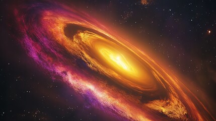 Poster - A vibrant spiral galaxy with bright yellow center surrounded by orange and purple nebula clouds