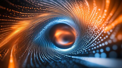 Poster - Abstract tunnel of blue and orange glowing dots creating a vortex like effect in a dark background