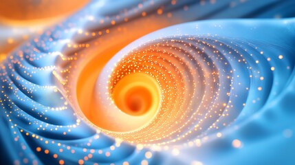 Poster - Abstract rendering of a swirling tunnel with orange light and blue textured surfaces and dots