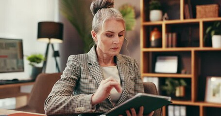 Poster - Remote work, mature and business woman on tablet in home office for planning law case or research. Digital technology, communication and scroll with freelance attorney with legal evidence for trial