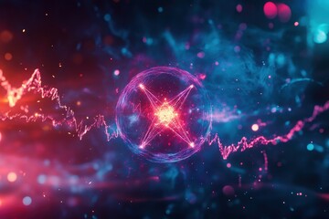 Poster - Vivid representation of atomic structure with colorful energy waves in a cosmic setting