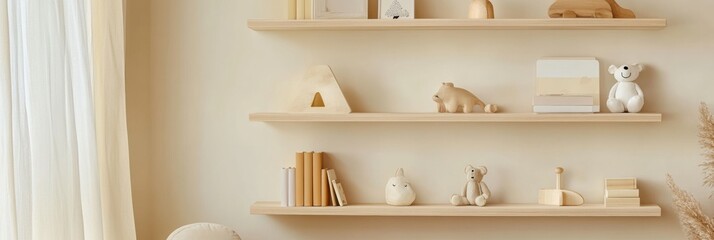 Poster - Wooden shelves display childrens toys and books in a minimal pastel beige interior, creating a calm and inviting space for play and learning